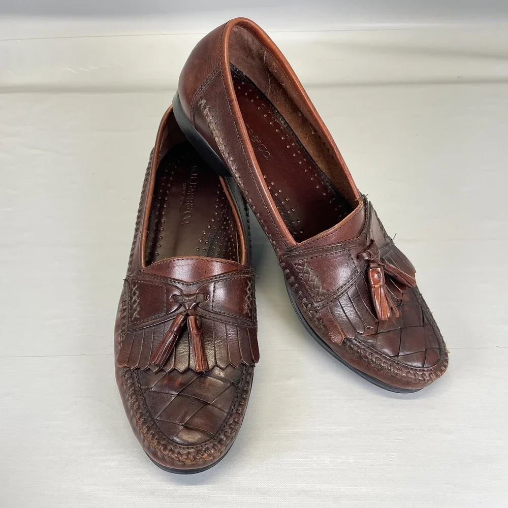 Bass Kiltie Tassel Loafers Mens Size 10M Brown Leather Woven Moc Toe Dress Shoes_2